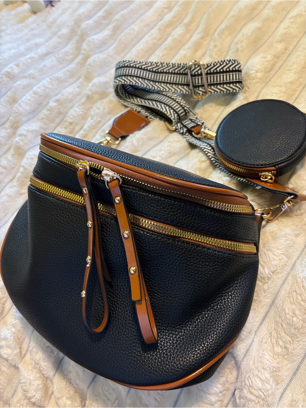 Black Pebbled Leather Crossbody Bag with Tan Trim